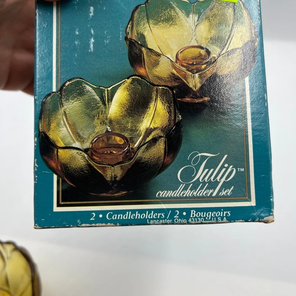 Anchor Hocking Amber Tulip Candleholders Vintage Glass Flower Set of 2 Boxed